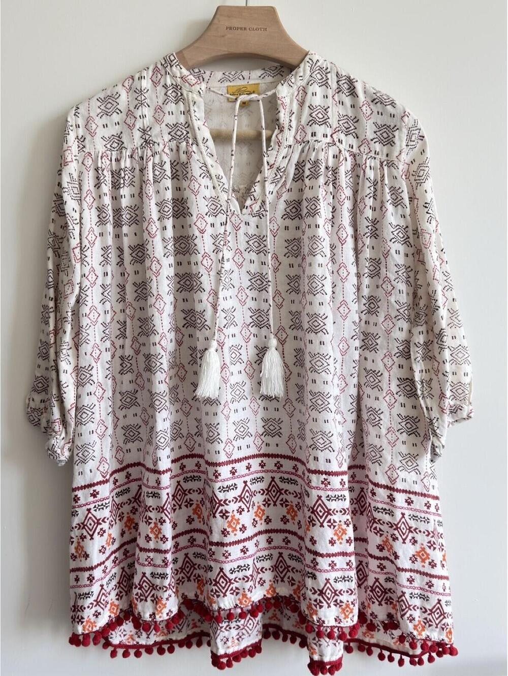 Roberta Roller Rabbit Cotton Boho Tassel Tunic Top Pom Pom Trim Size M